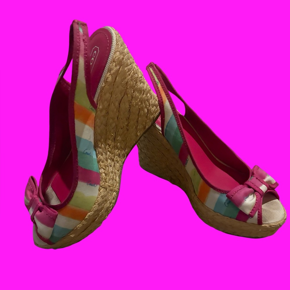 COACH Grace Straw Wedge Sandals with Bow Women’s Size 9 With Storage Bag
